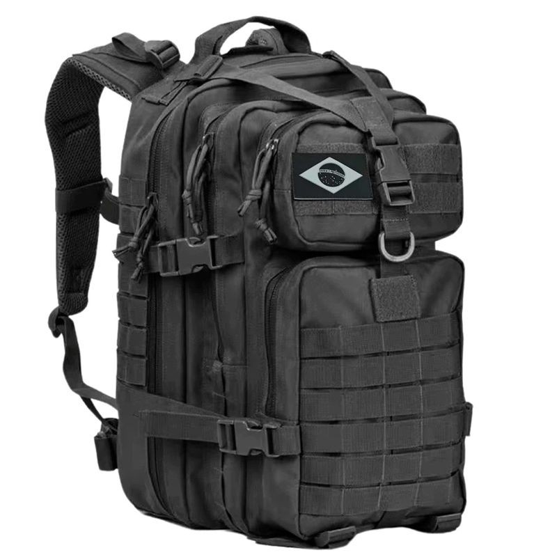 Black tactical backpack with multiple compartments and a patch featuring a geometric design on the front pocket.