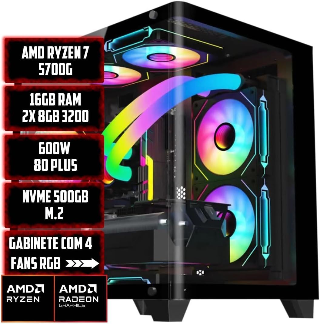 PC GAMER AMD RYZEN 7 5700G 16GB 3200MHZ NVME 512GB 600W BIVOLT RADEON VEGA 8