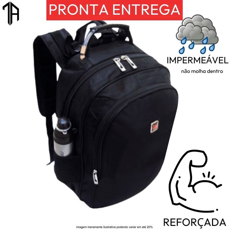 Black backpack with waterproof and reinforced features, side pocket holds a bottle, text indicating ready delivery.